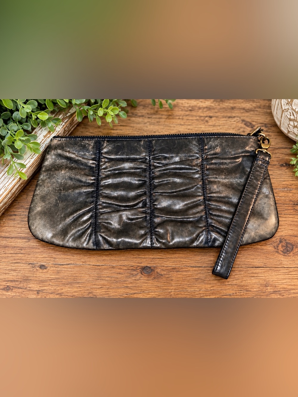 HOBO International Dark Gray Aged Leather Ruched Wristlet Paisley Lining #6